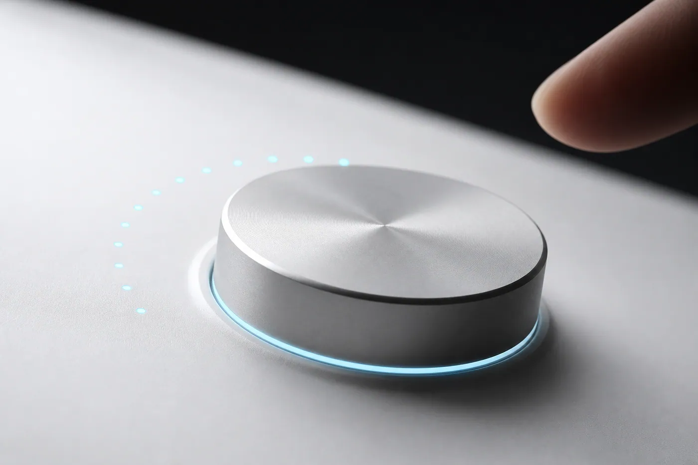 Modern customizable mineral-calibration control dial with glowing cyan indicator