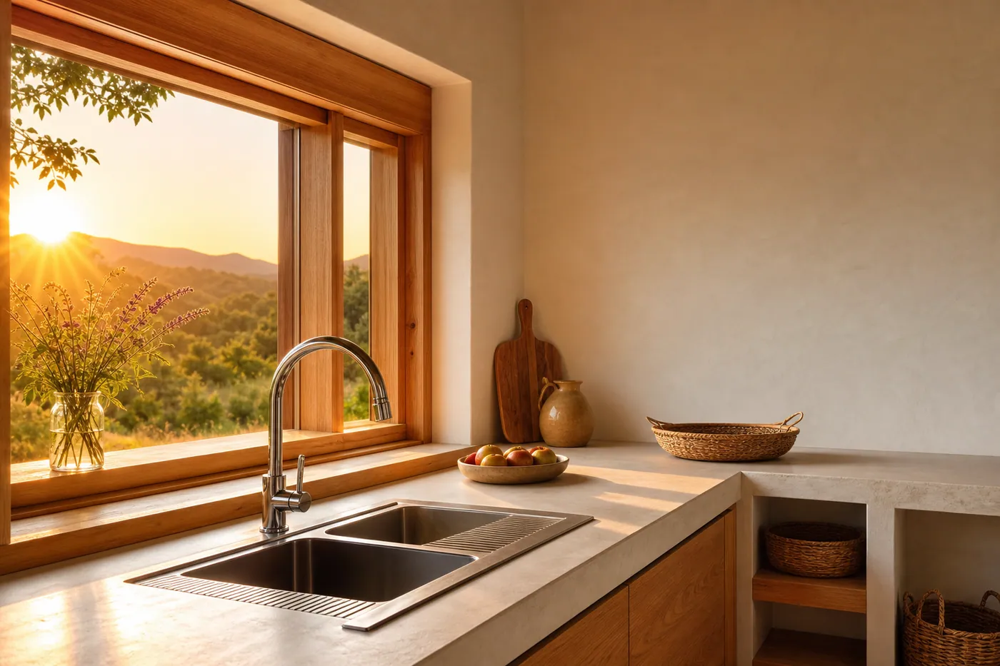 Sun-drenched off-grid kitchen sink running without electrical fixtures