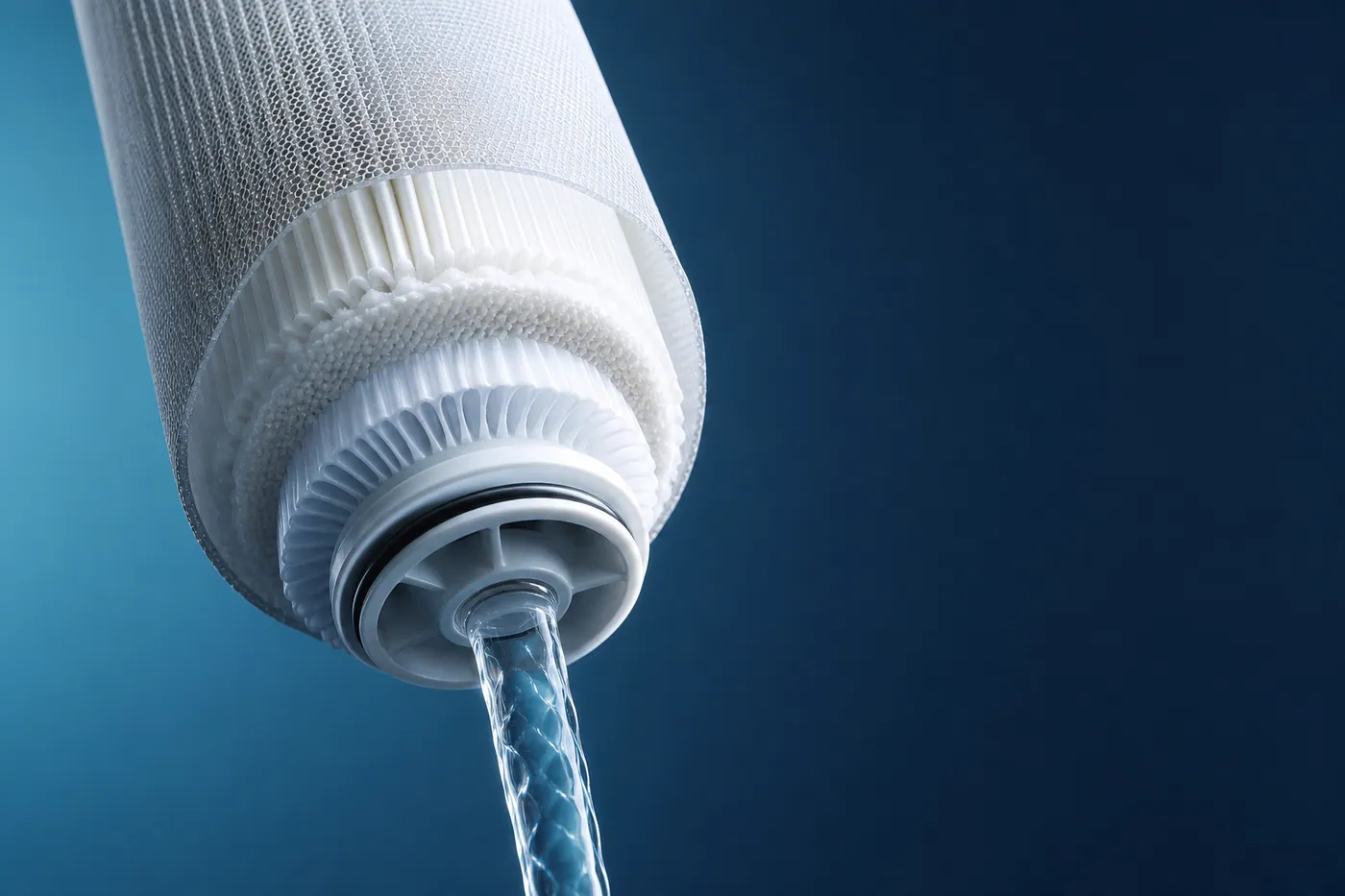 Precision water filtration cartridge with crystal-clear filtered water emerging