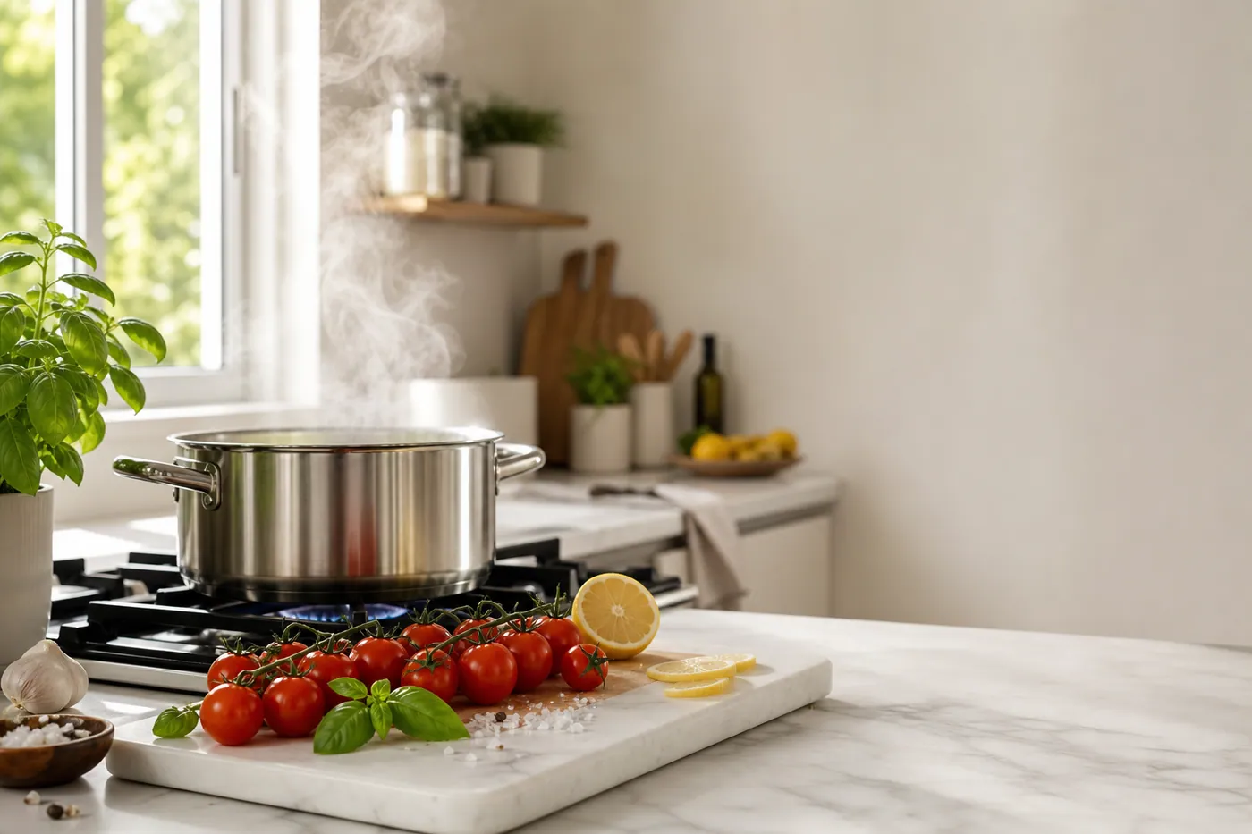 Filtered water being used in modern kitchen cooking preparation
