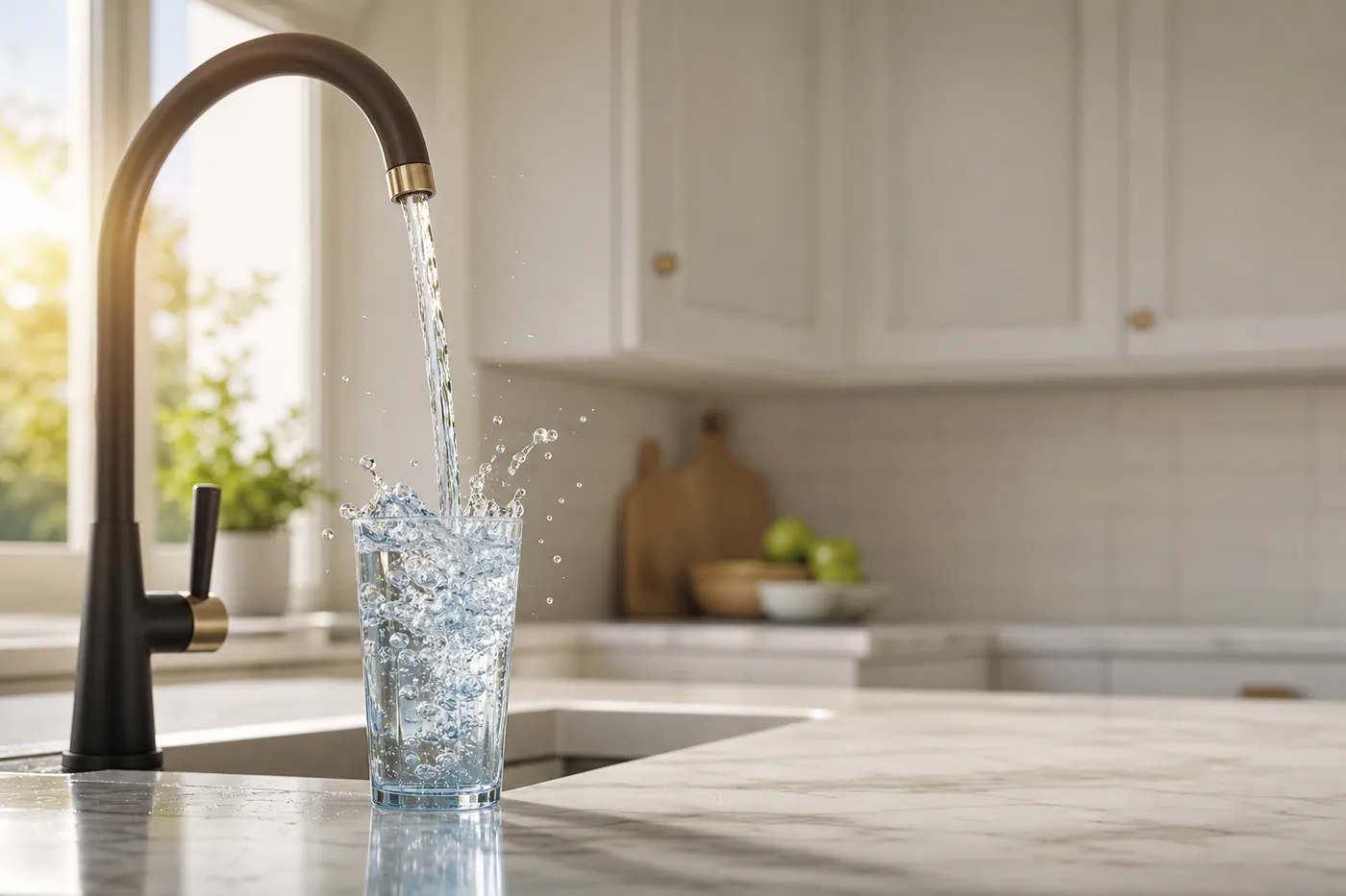 Crystal-clear filtered water in a glass on a marble countertop