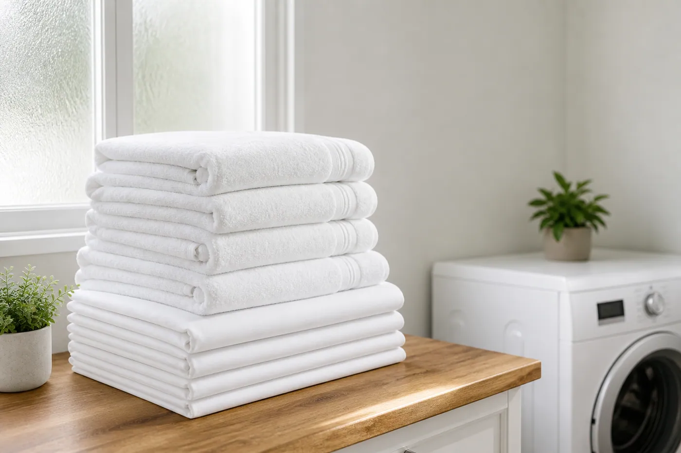 Bright laundry room with neatly folded clean linens