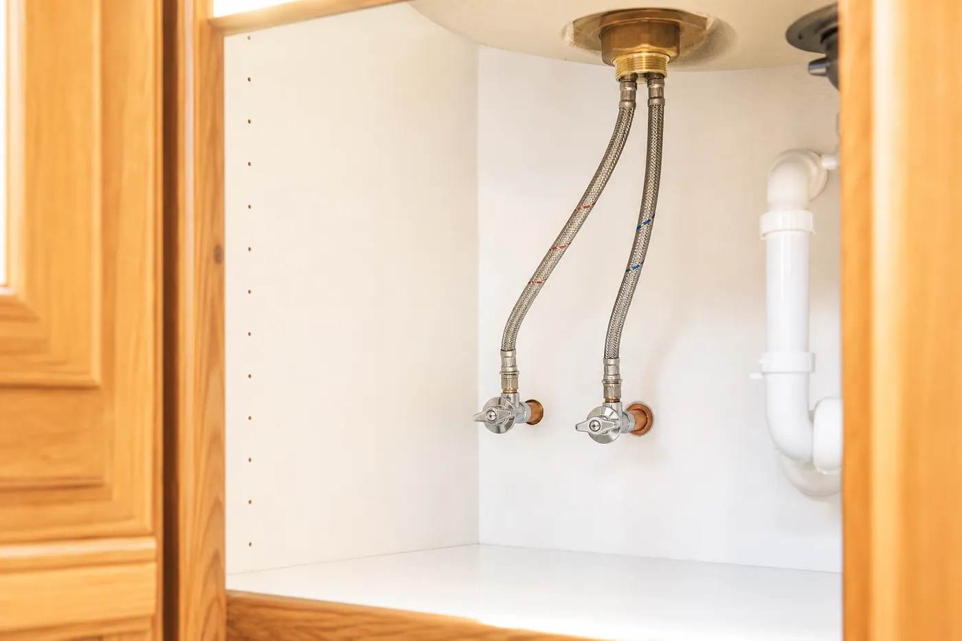 Residential under-sink chrome shut-off valves and braided water supply lines