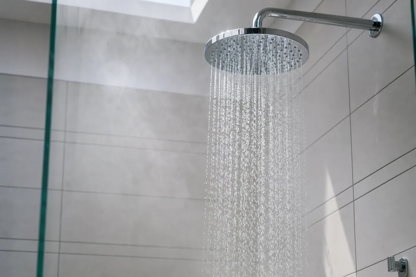 Modern rainfall shower with clean filtered water cascading